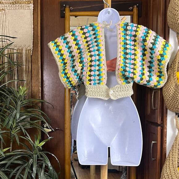 Handmade Crochet Granny Square Shrug Bolero XXS Tie Back Boho Festival Crop Top - Picture 2 of 11